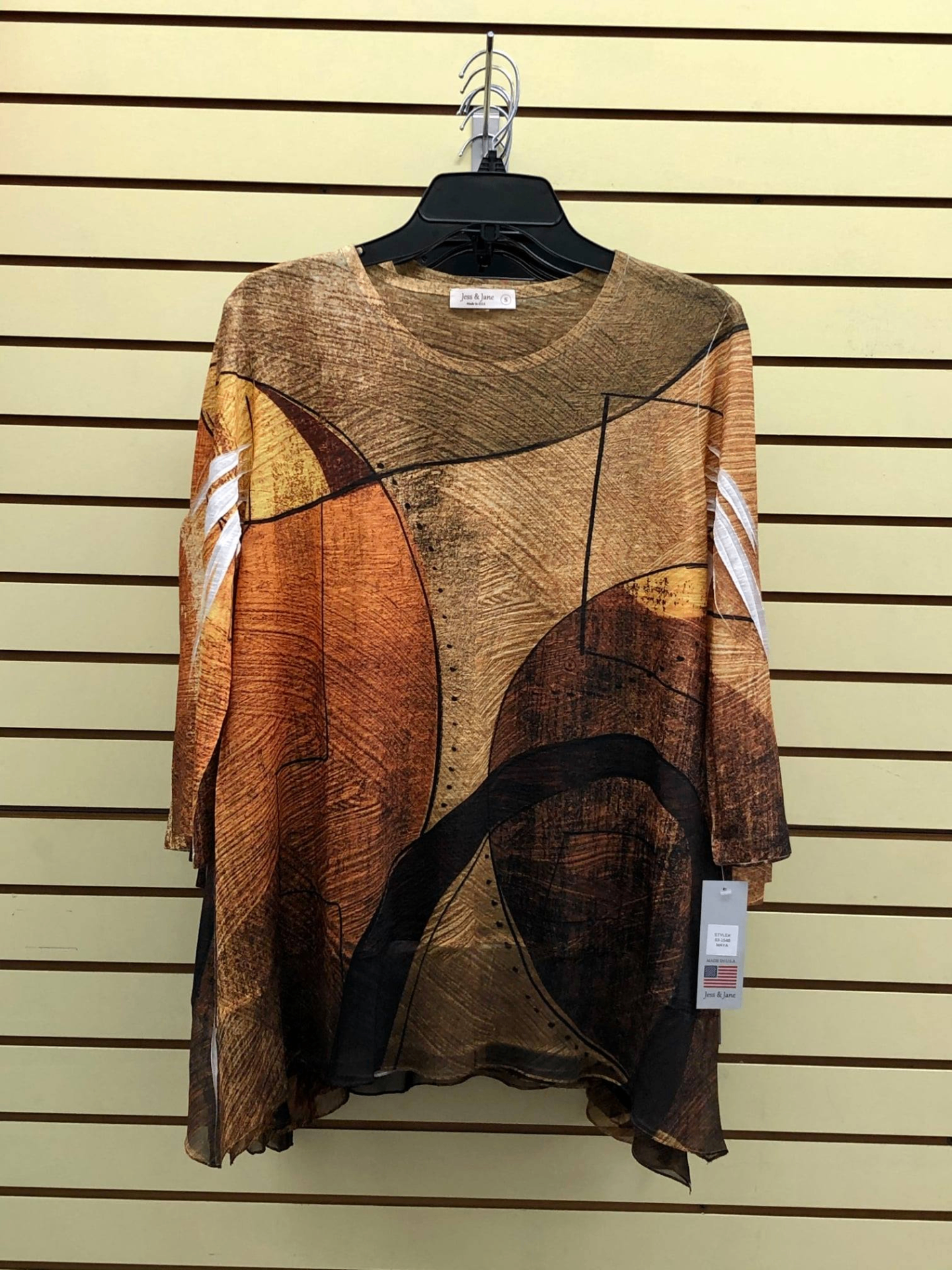 Jess & Jane earth-tone abstract swing tunic in camel, bronze and black