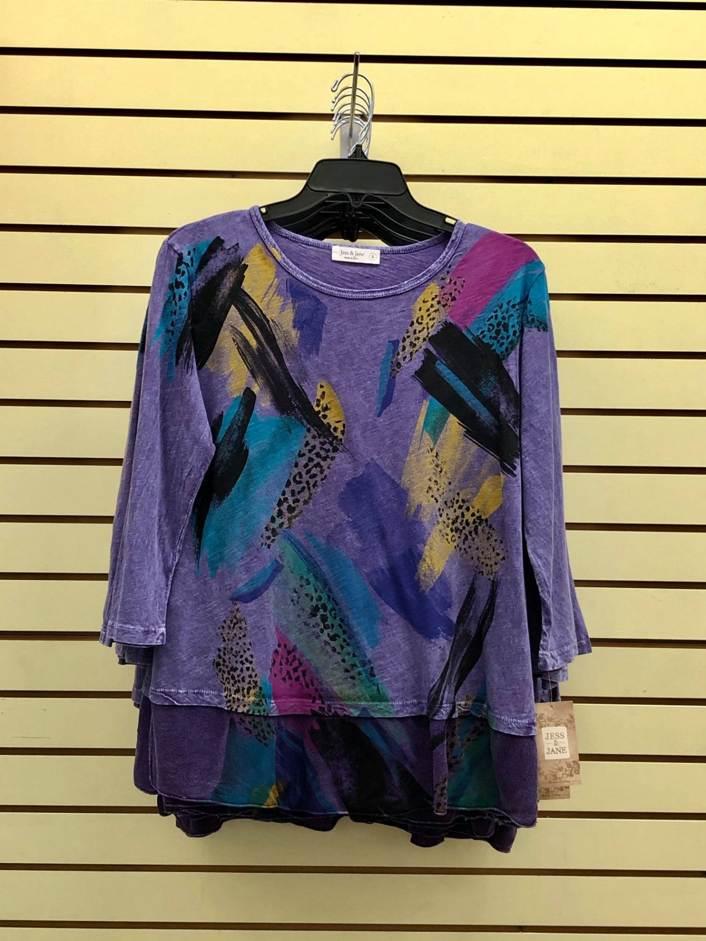 Jess & Jane purple mineral-wash abstract art top with teal, magenta and black brushwork