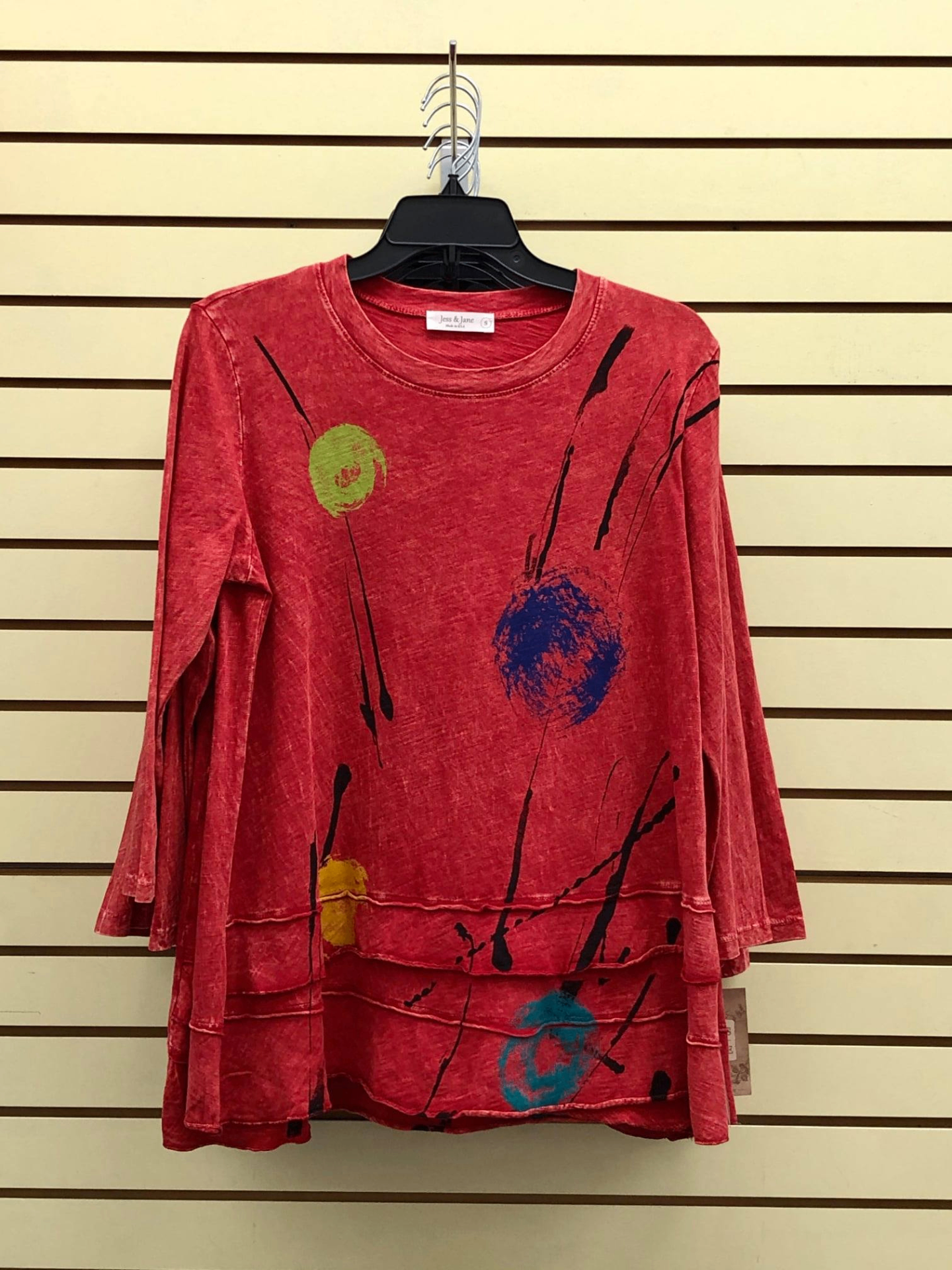 Jess & Jane red mineral-wash art top with painterly dot graphics