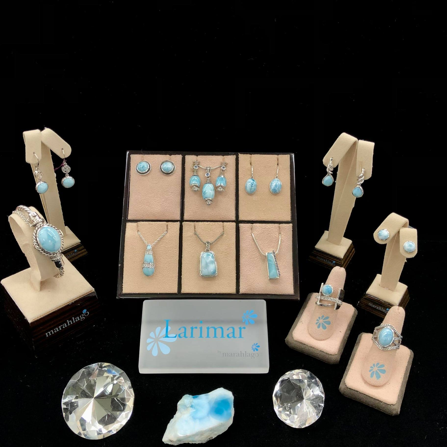 Larimar by Marahlago Caribbean blue gemstone jewelry collection — earrings, pendants and rings