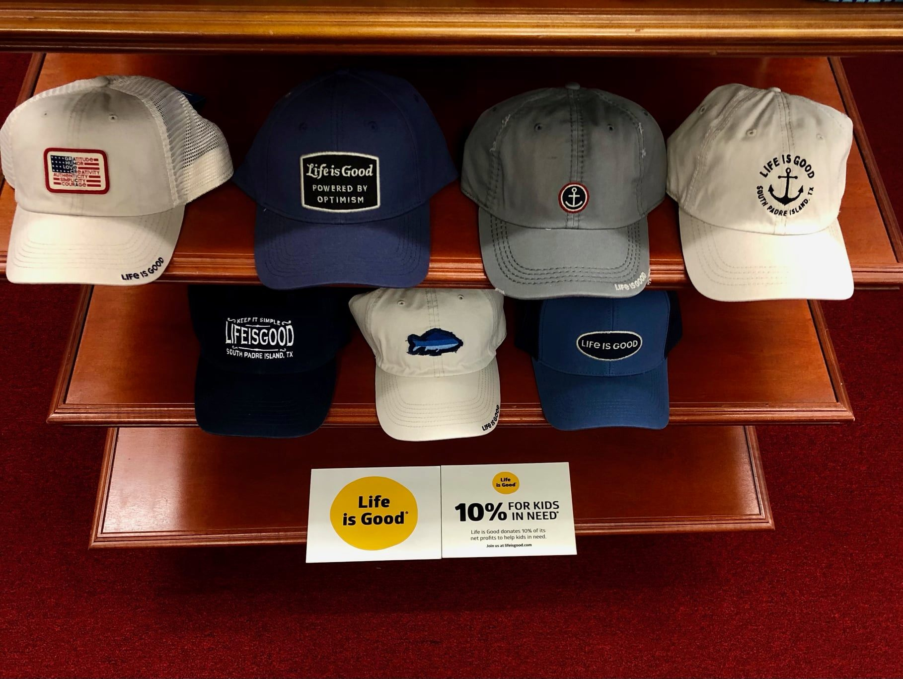Life is Good caps including custom South Padre Island TX embroidery