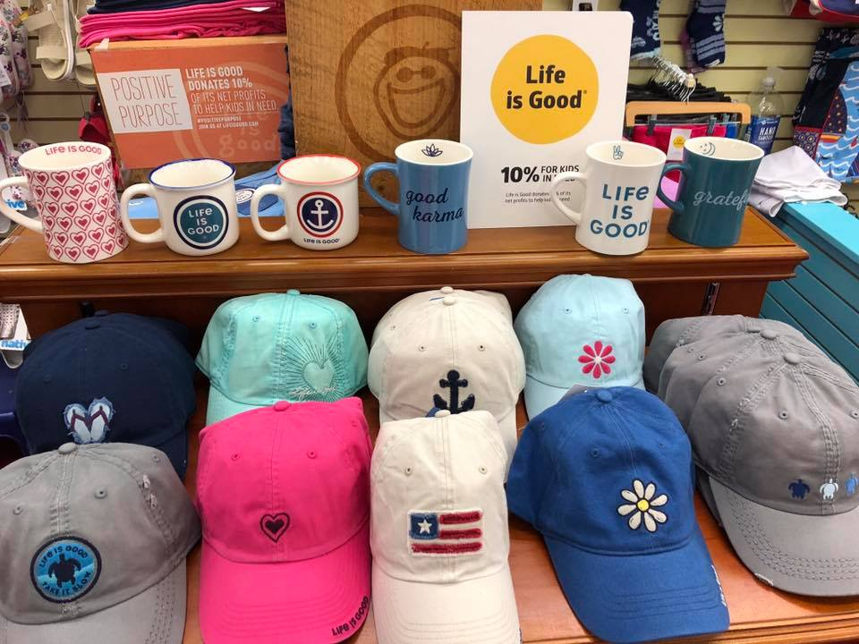 Life is Good ceramic mugs in heart, anchor and good karma prints with embroidered caps in pink, blue, mint and gray