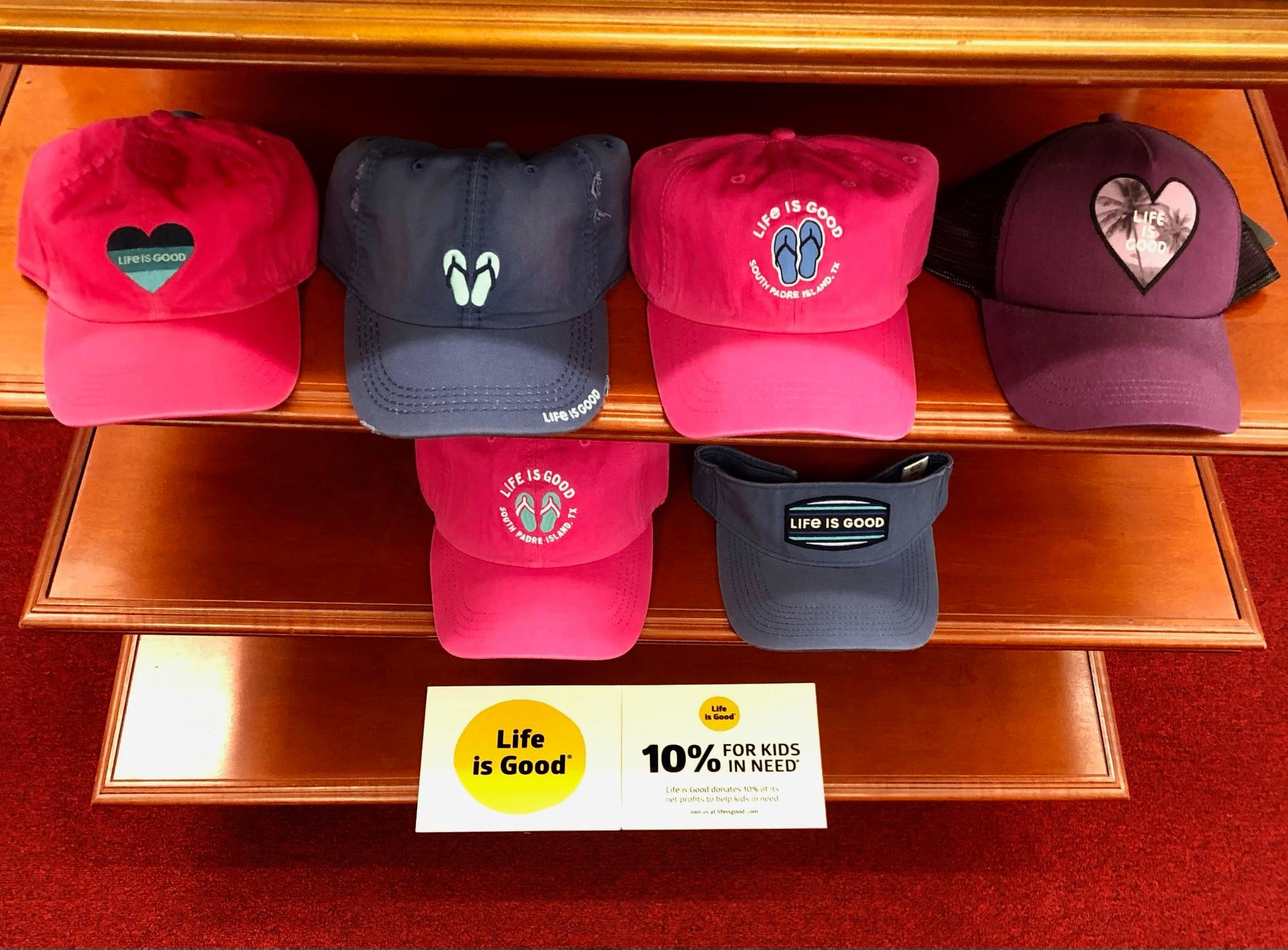 Pink and navy Life is Good caps with flip flop and heart graphics