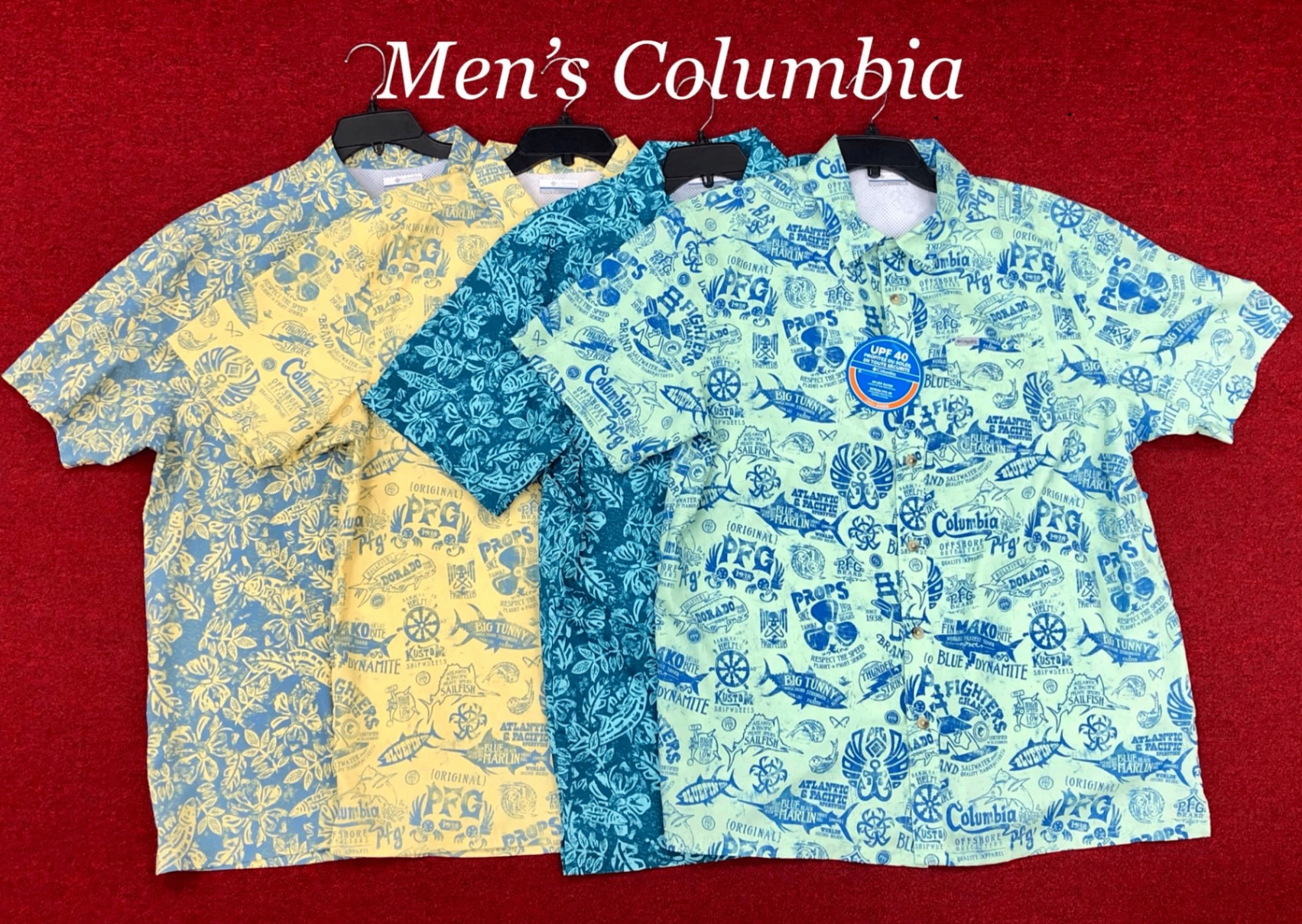 Men's Columbia PFG Trollers Best print shirts featuring saltwater fishing graphics in yellow, teal and mint