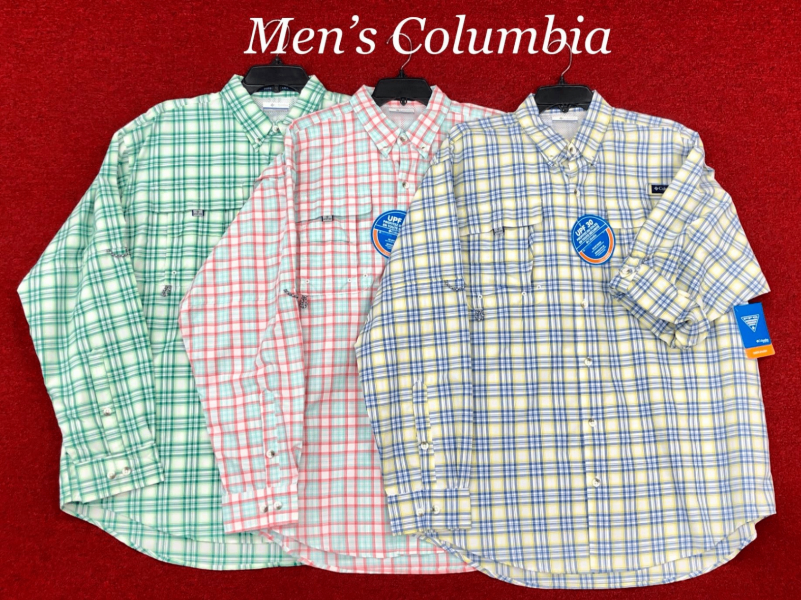 Men's Columbia PFG Super Tamiami plaid button-down shirts in green, pink and blue pastels