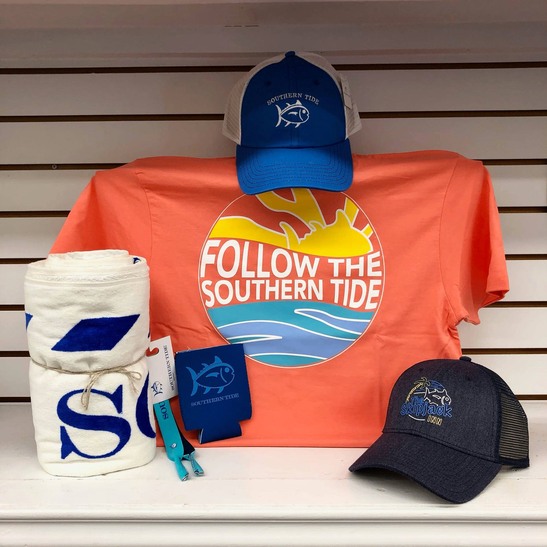 Southern Tide graphic tee, cap, towel and accessories
