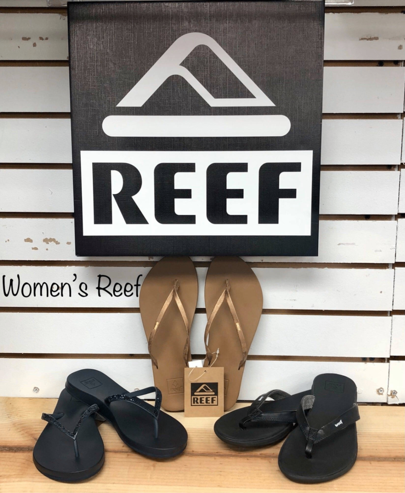 Women's Reef flip flops displayed in neutral tones