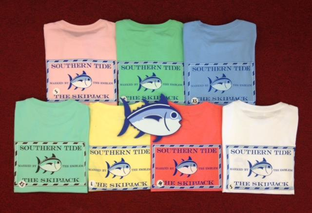Pastel Southern Tide youth Skipjack tees in pink, mint, blue, yellow, coral and white with Skipjack cards