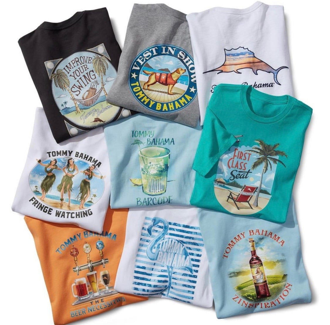Tommy Bahama graphic tee collection laid flat — sailfish, hula, golf, beer, flamingo and beach chair prints