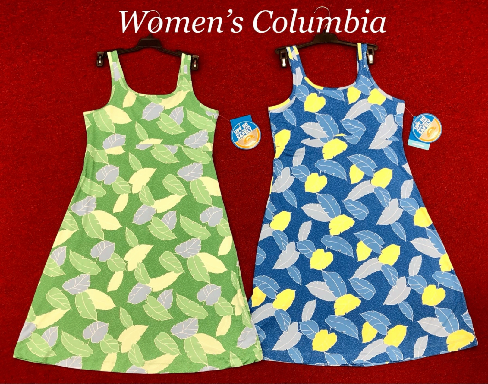 Women's Columbia sleeveless dresses in green and blue leaf prints with UPF 50 tags
