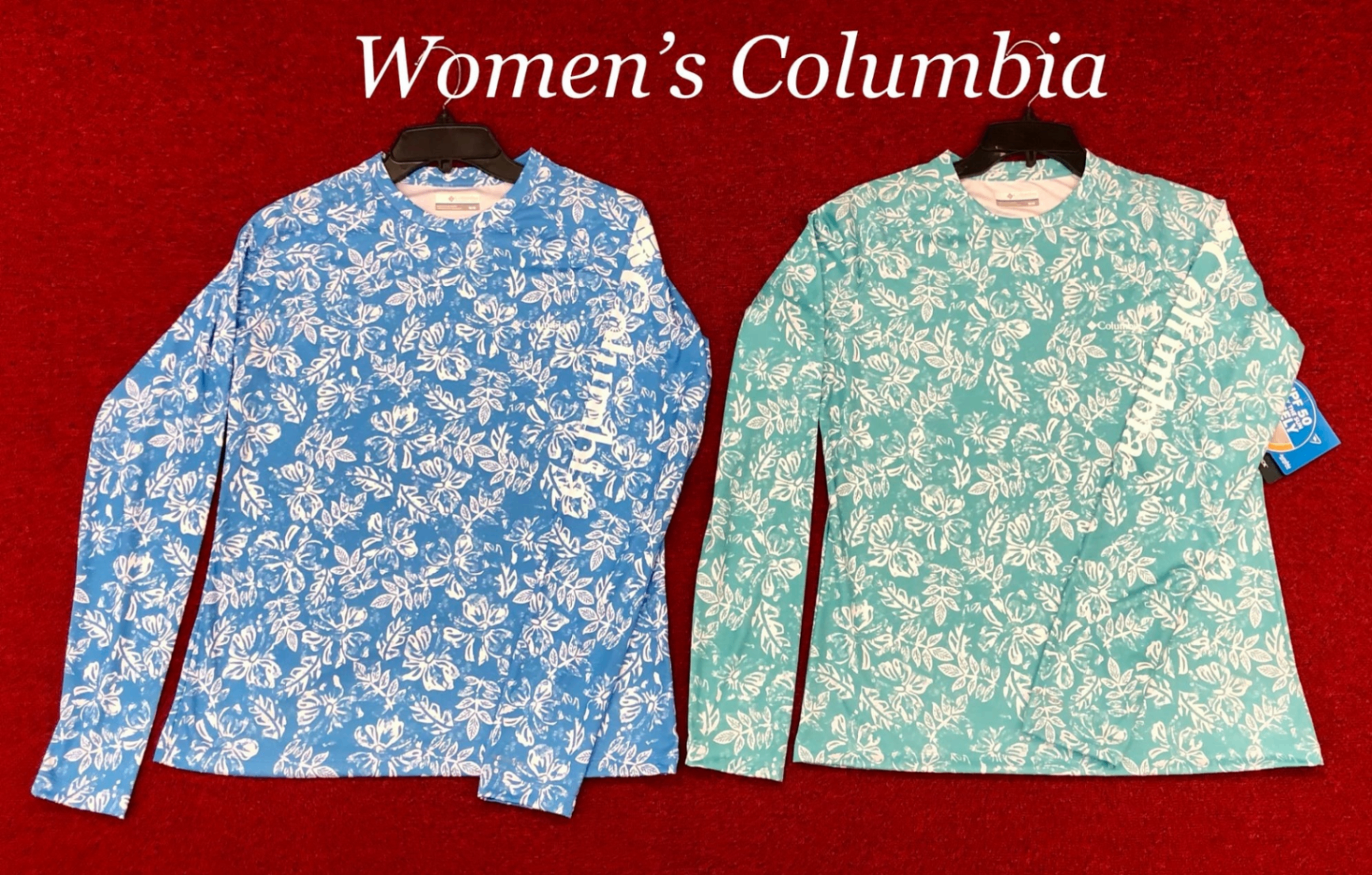 Women's Columbia floral sun shirts in blue and aqua