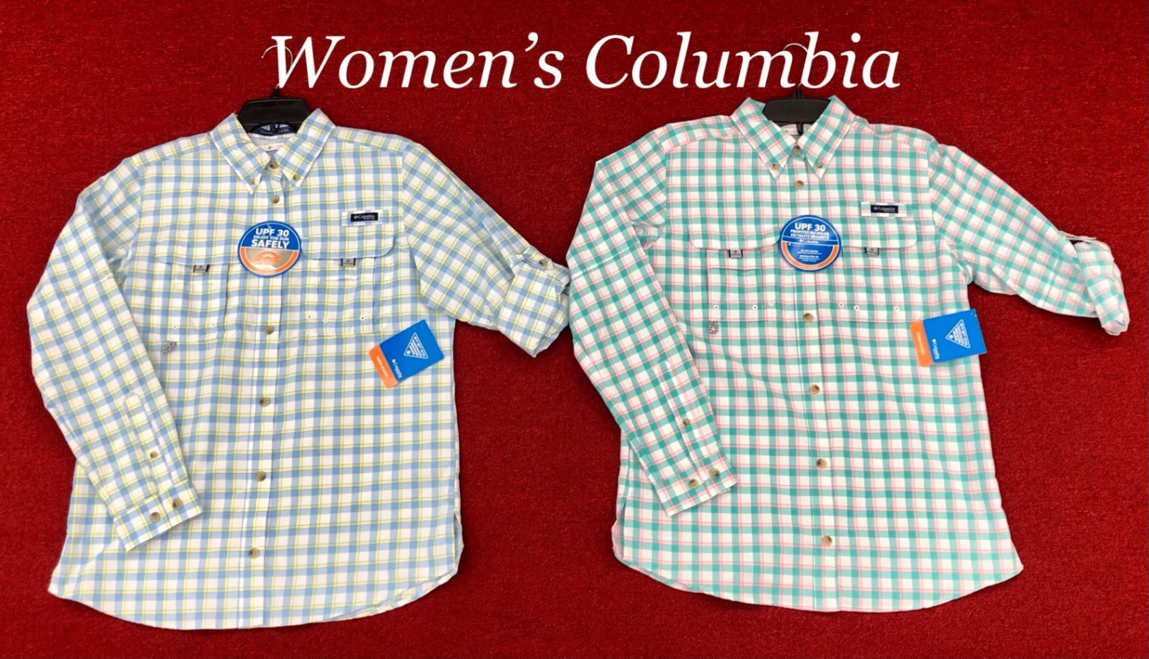 Women's Columbia plaid fishing shirts in pastel blue and aqua